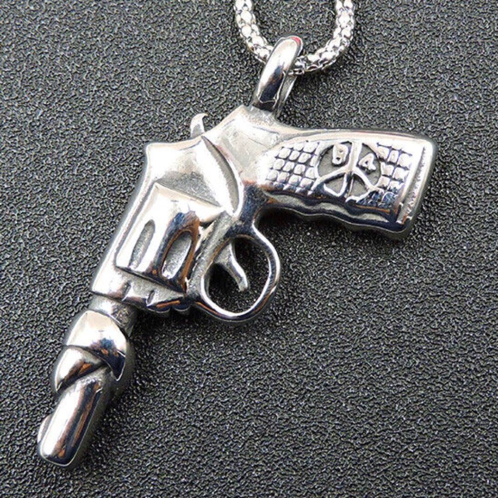 UNISEX Graphic Silver GUN with PEACE Sign Design Pendant Necklace